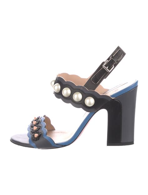 Fendi Faux Pearl Accents Leather Slingback Sandals 